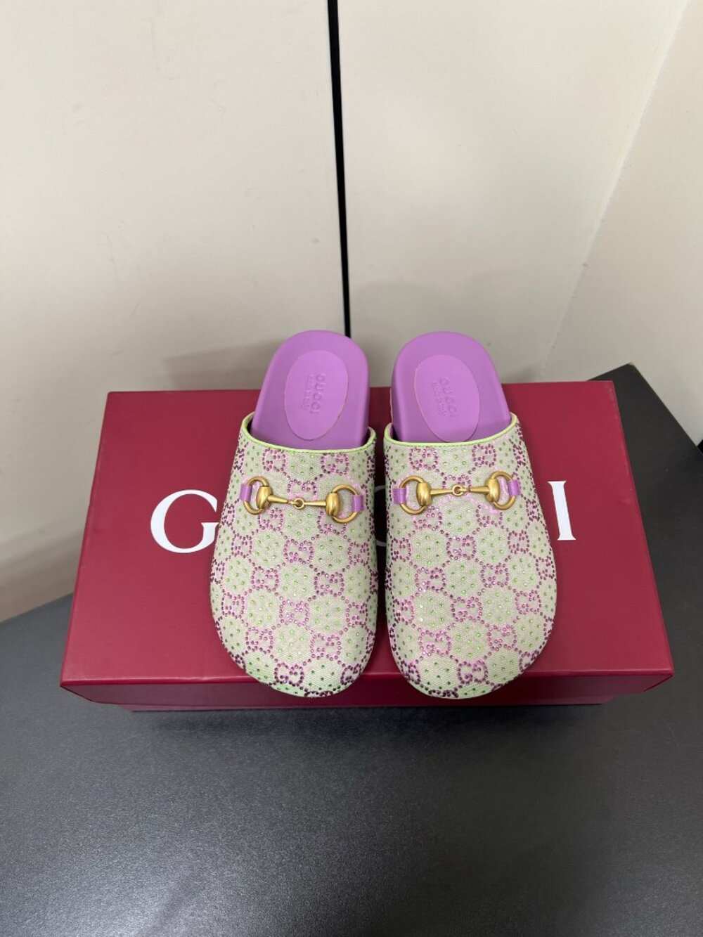 Gucci GG Crystal Horsebit Platform Mules Purple Canvas Slip On Clogs